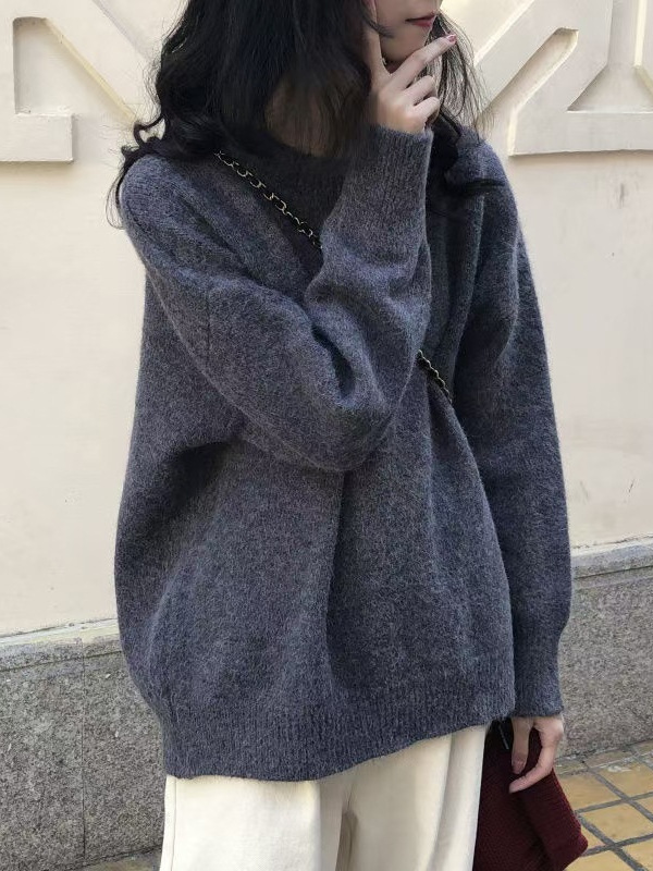 哥家商场同款女装2025秋季新款宽松复古慵懒风套头软糯加厚针织衫|undefined