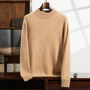 Seven-pin double-strand cashmere semi-turtleneck sweater for autumn and winter 2024 new solid color soft waxy loose-fit men's sweater