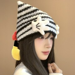 亚比风可爱米奇屁屁手掌条纹包头帽女2025新款甜酷百搭针织毛线帽