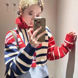 多巴胺撞色条纹拉链翻领针织衫女秋季新款宽松慵懒风别致拼接毛衣