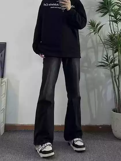 Black Micro La Jeans Men's Autumn Slimming Straight Barrel Ruffian Handsome High-end Sense Pants American Vintage High Street Pants