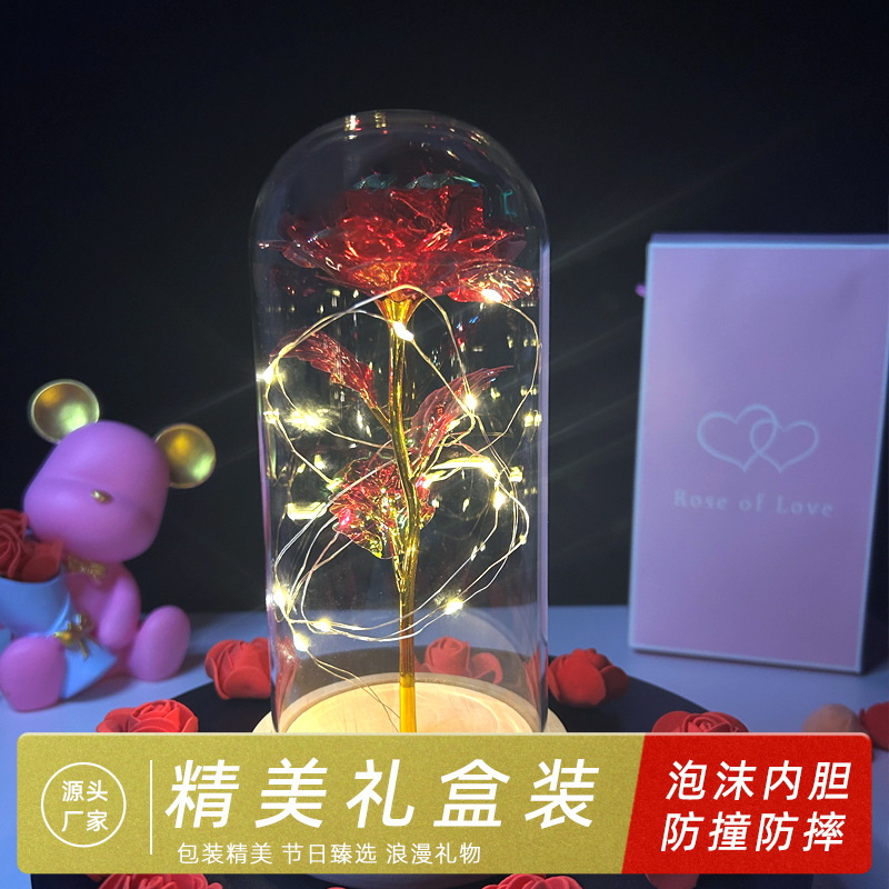 Cubierta de Cristal con Rosa en Papel de Oro 520, Regalo para el Día de la Madre, Día de San Valentín, Flor Eterna, Luz Nocturna Brillante, Adorno Creativo