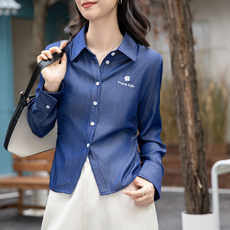 Flower Embroidered Blue Denim Shirt for Women, Spring & Fall Layered Design Niche Shirt, Retro Long-Sleeved Slim Top