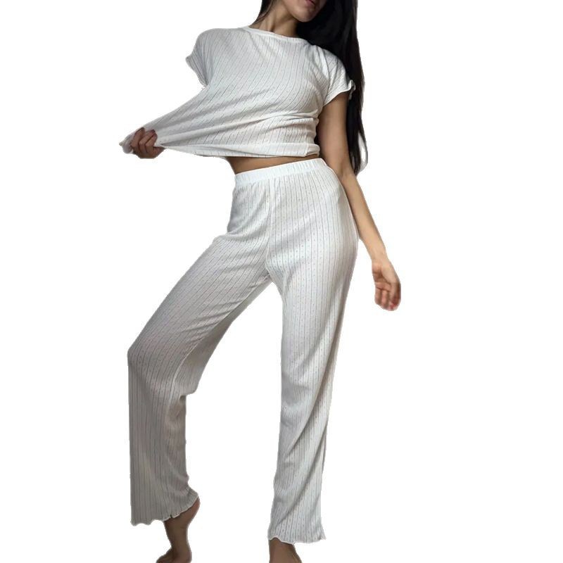 Conjunto de pijama de manga corta y pantalón largo de jacquard transpirable y cómodo para mujer, colección primavera 2026 - Conjunto de dos piezas - Regalo ideal para las fiestas_voghion.com