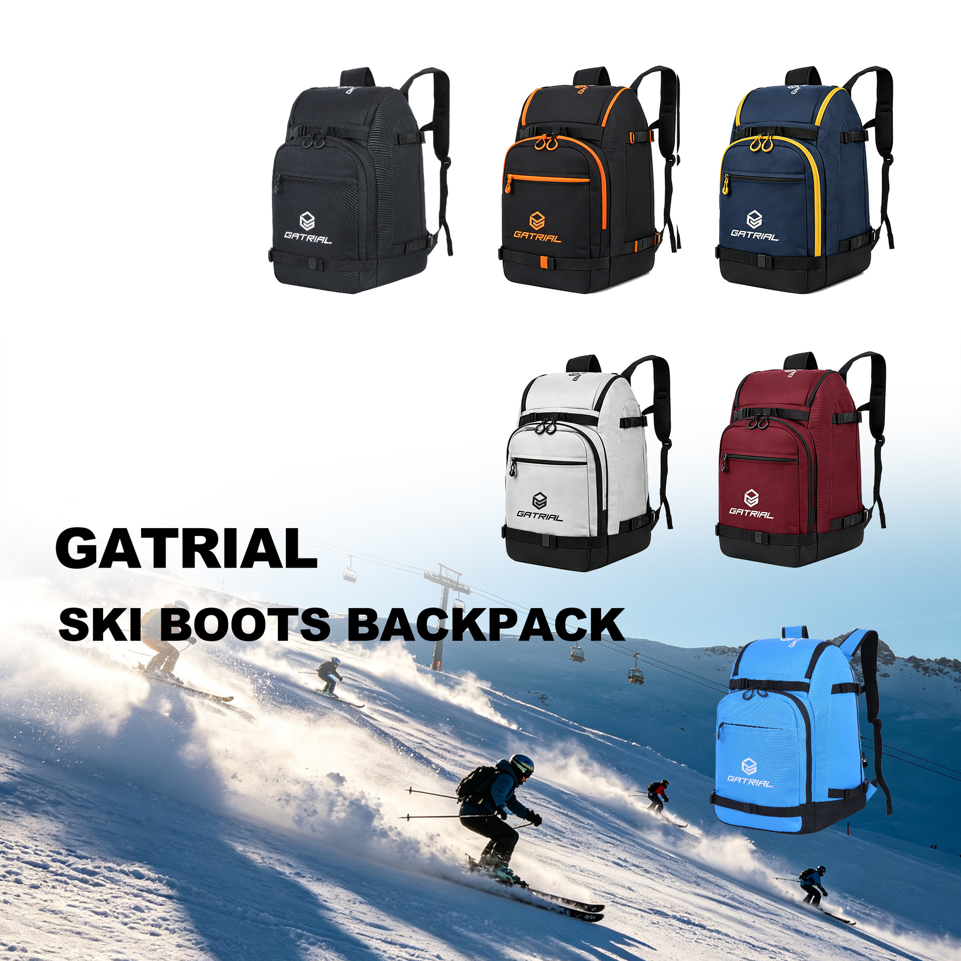 GATRIAL large-capacity ski equipment backpack, ski boot bag, equipped with ski board fixing strap