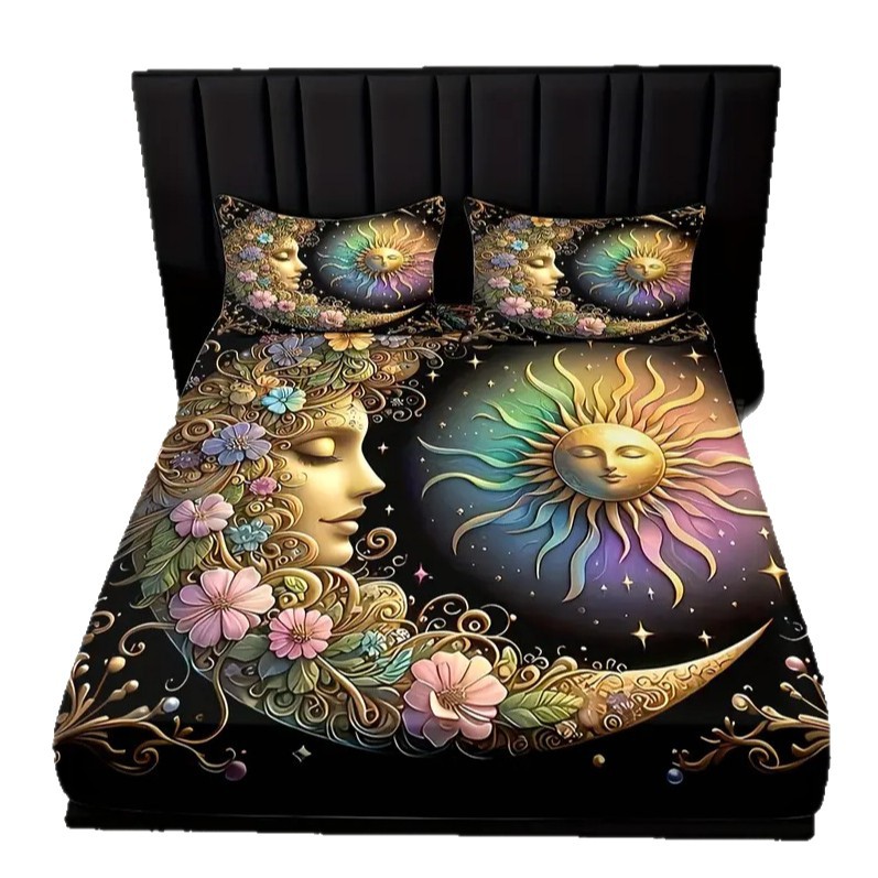 TEMU / JIT Transfronterizo Sol, Luna, Estrella y Río Patrón Temático 3D Impresión Digital Cama Kasama Kit de ropa de cama
