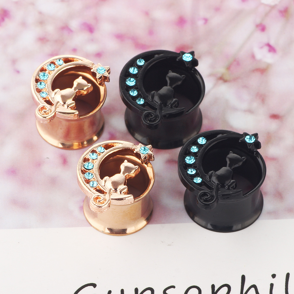 Rose Gold Stainless Steel Ear Expander with Diamond Cat Small Horn Cartilage Earring Jewelry detail image 8