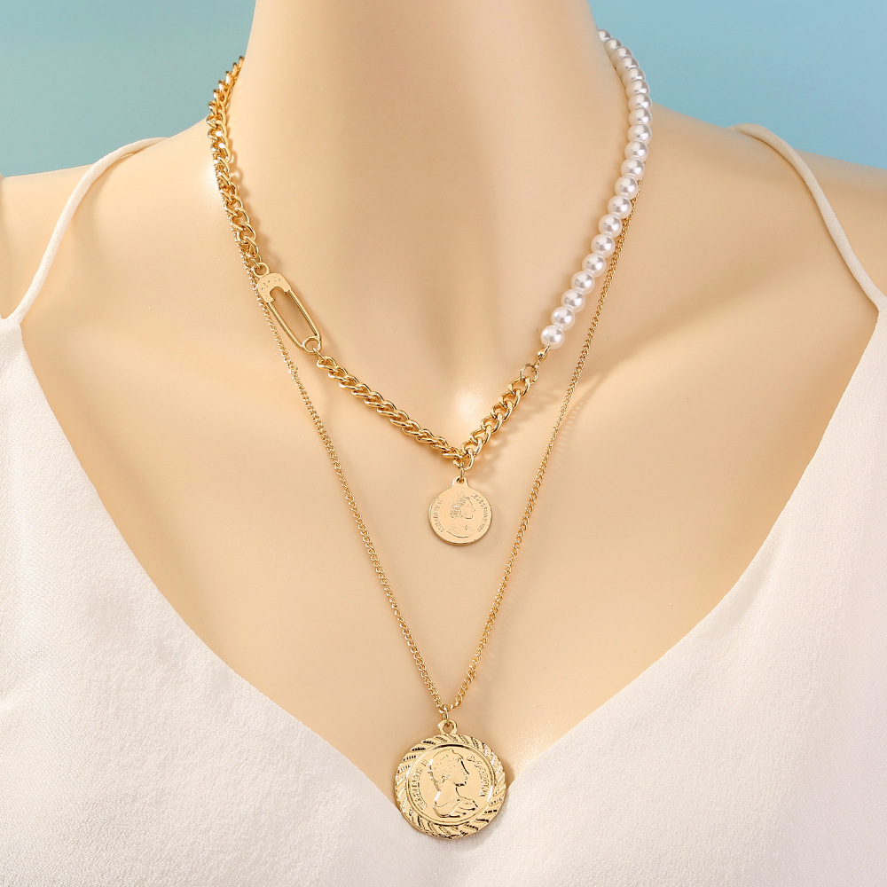 Simple Retro Accessories Roman Coin Imitation Pearl Multi-layer Necklace display picture 1