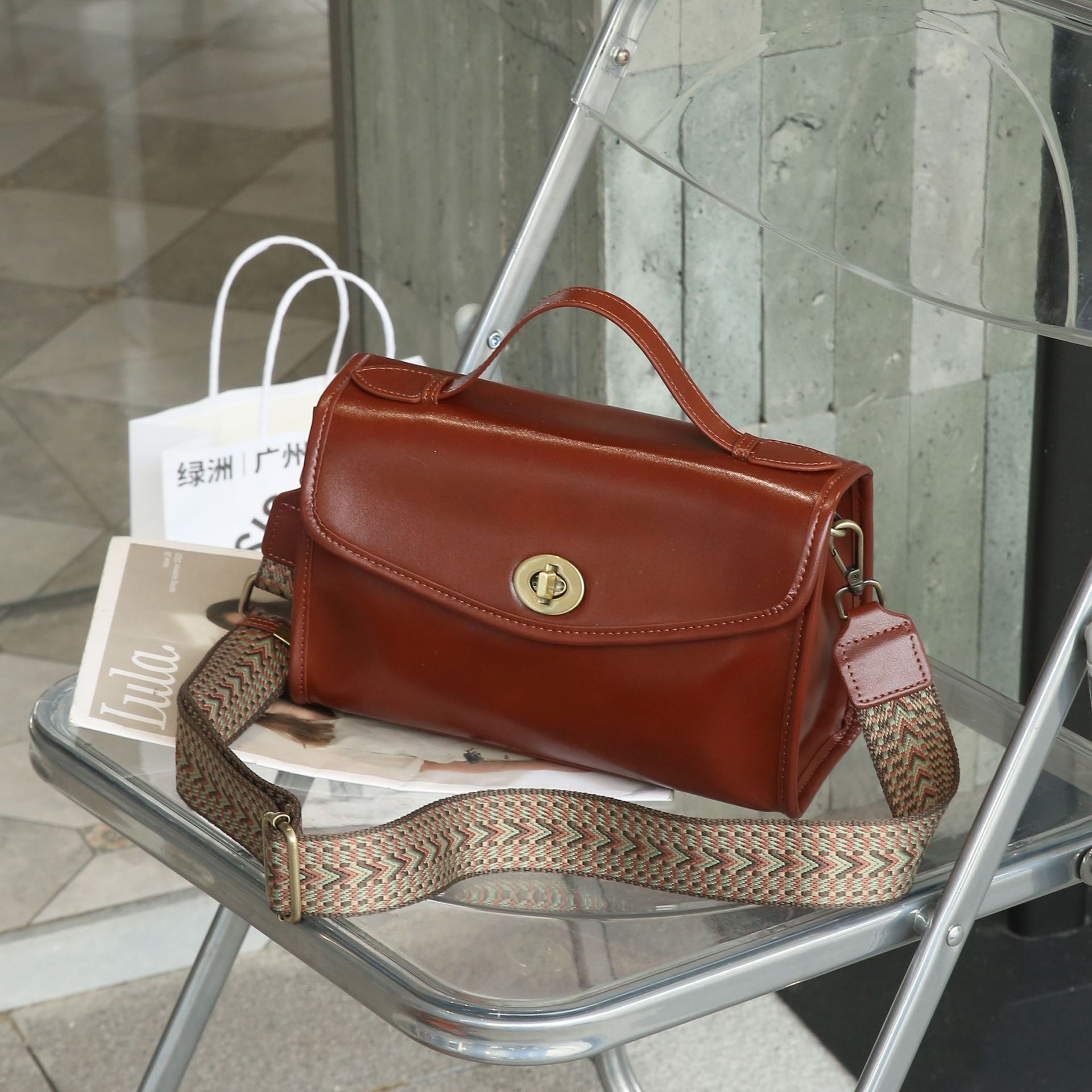 Vegetable-Tanned Top Grain Cowhide Women's Shoulder Bag - Fashionable Multi-Compartment Large Capacity Practical Motorcycle Square Bag - Thumbnail 3