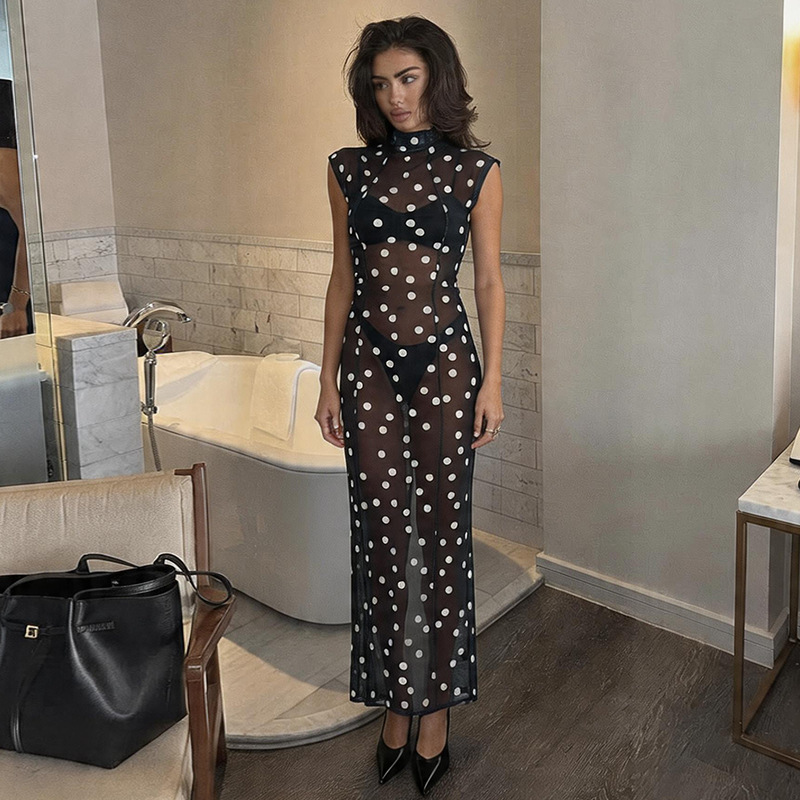 European and American style 2026 summer new vintage polka dot print drapey twill silk tie-waist sleeveless dress European and American style 2026 summer new vintage polka dot print drapey twill silk tie-waist sleeveless dress