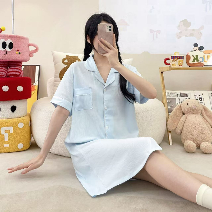 Nube de algodón vestido de pijama de mangas cortas de color sólido simple Cardigan relajado comercio exterior transfronterizo vestido grande se puede usar fuera