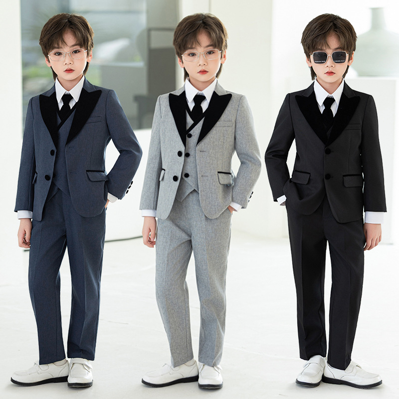 Boys' Gentleman British Style Suit Set, New Autumn/Winter Flower Boy Formal Wear, Children's Piano Host Recitation Performance Outfit