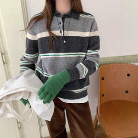 韩系新款羊毛衫女加厚polo领条纹撞色宽松休闲长袖羊绒打底毛衣