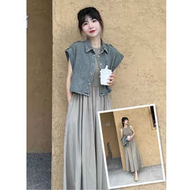 夏装搭配一整套茶系穿搭盐系轻熟减龄洋气牛仔外套连衣裙子两件套