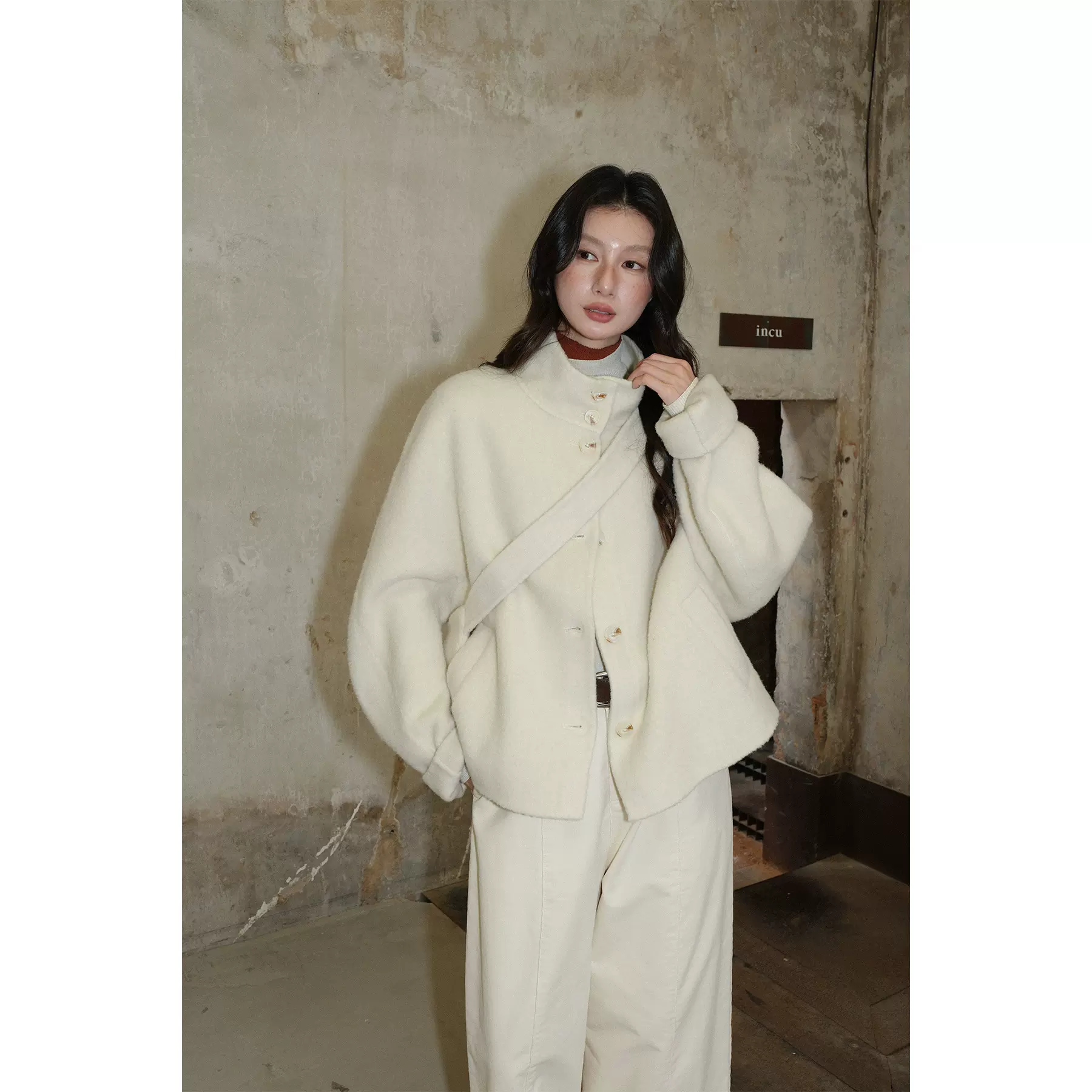 NEIHE内赫短款立领带包羊毛羊绒双面呢子外套女冬季新款257350