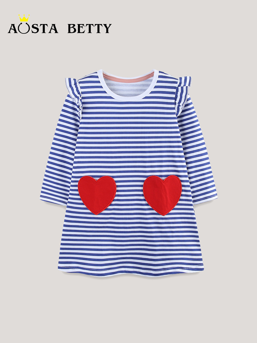 26 otoño nuevo vestido de niñas Europa y América rayas mangas voladoras falda de princesa de algodón de punto amor bolsillo falda de niños