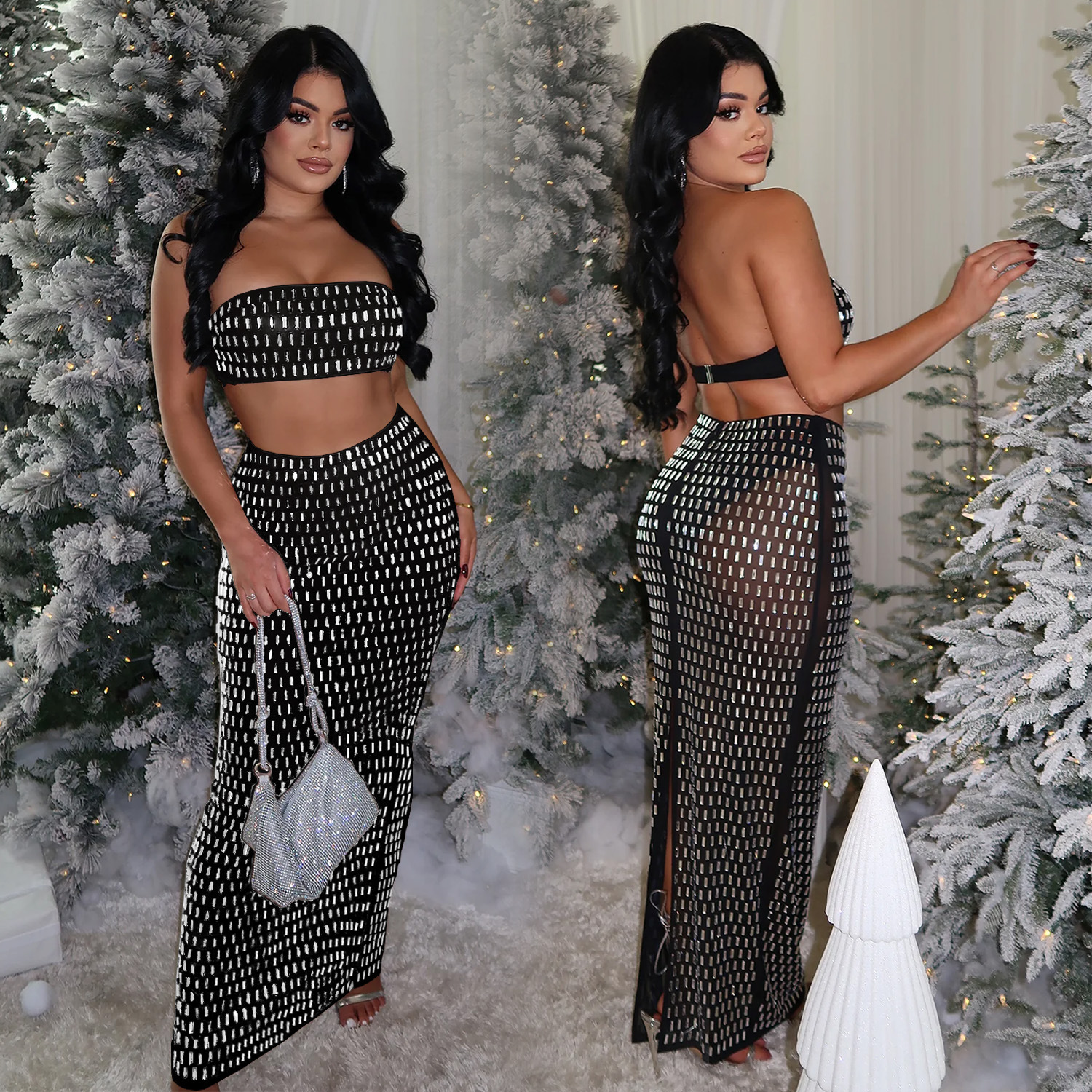 C7222 Cross-border AliExpress Amazon Ropa de mujer de moda europea y americana Traje de tubo sexy Paquete de diamantes calientes Falda de cadera de dos piezas