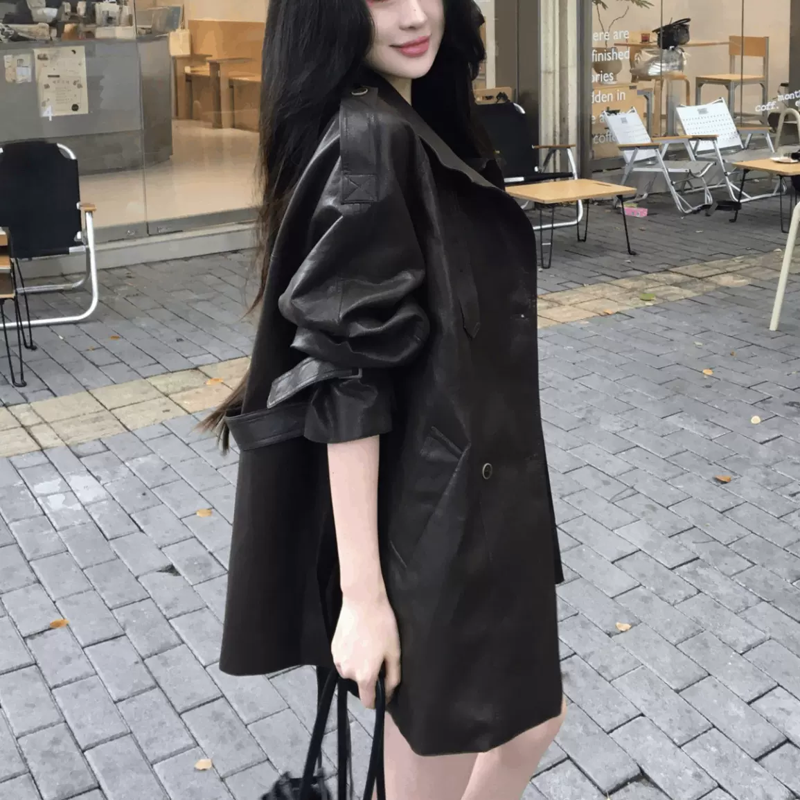 2026百搭时尚棕色皮衣中长款秋韩版洋气立领腰带款风衣pu皮衣外套