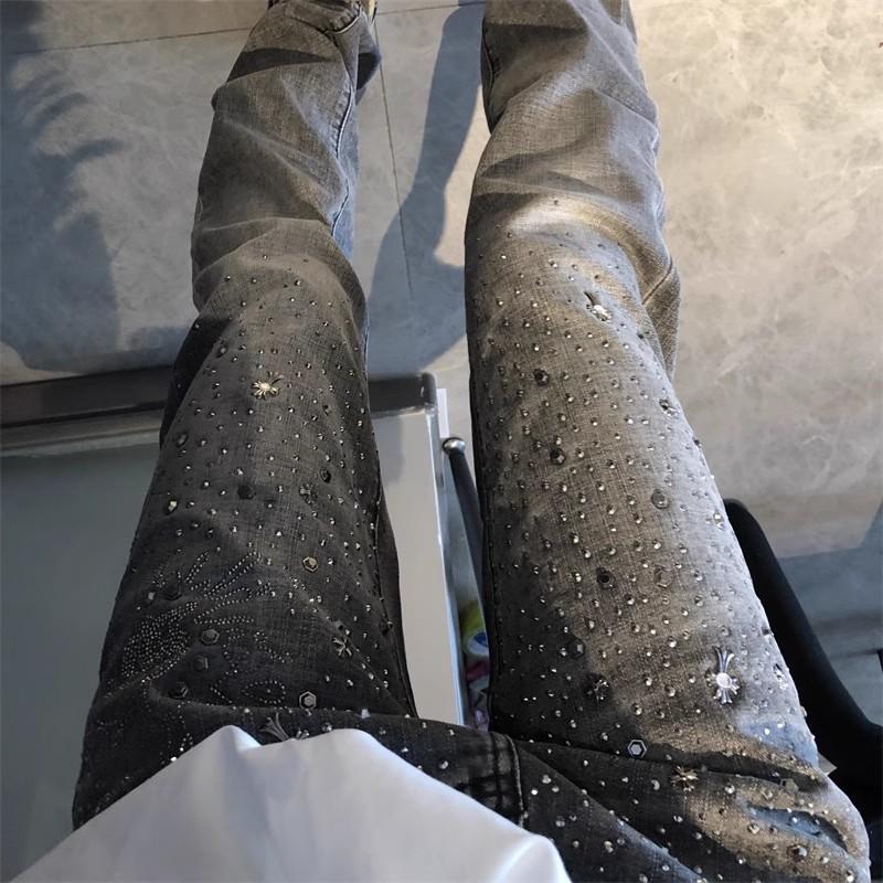 Abbigliamento maschile 2024 Estate High Street Hot Diamond Cross Heavy Rivet Grigio Stretch Slim Fit Skinny Jeans per uomo e donna_voghion.com