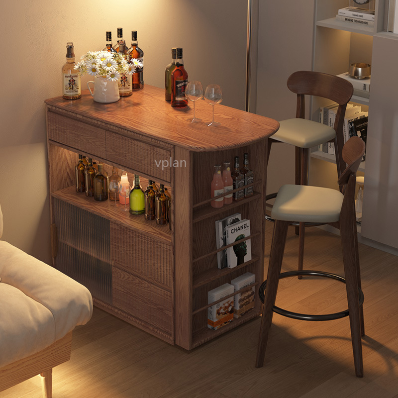 Solid Wood Bar Table for Home Use in the Living Room, Extendable and Movable, Integrated Sideboard, Small Apartment Partition, Japanese Style