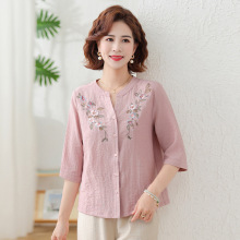 中老年女夏季高端刺绣棉麻套装衬衫阔太太洋气妈妈装大码亚麻上衣