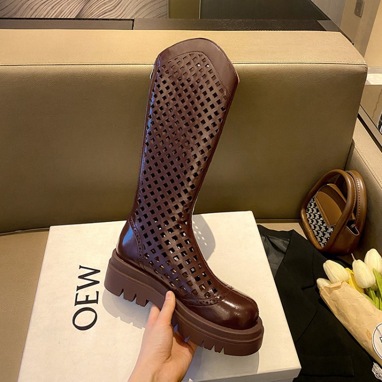 Boot nữ da bò đế dày cổ cao ống lưới — Màu nâu ống lớn, Màu đen cổ ống lớn, Ống nhỏ màu đen, Chu vi ống lớn màu trắng Be chi tiết 11