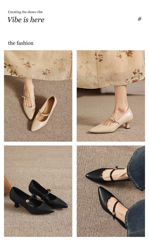 Giày Mary Jane nữ mũi nhọn gót vuông da bò thật quai ngang — đen chi tiết 4