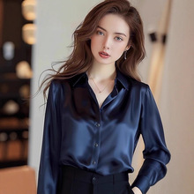 2025春秋新款高级感灰色醋酸缎面衬衫女长袖别致法式丝绸职业衬衣