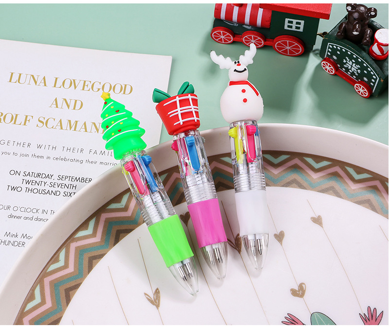 Christmas Mini Four-color Ballpoint Pen Cartoon  Pressing Pen Student Gift display picture 1