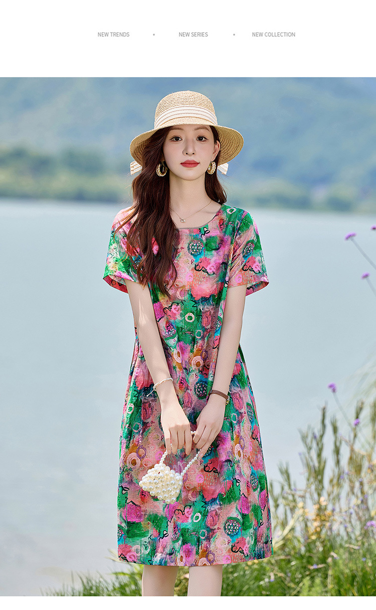Đầm maxi nữ hoa nhỏ xanh lá cây tươi mát, dáng suông rộng, tay ngắn, mỏng nhẹ mùa hè 2025 — Màu hồng xanh lục, Màu xanh lá chi tiết 24