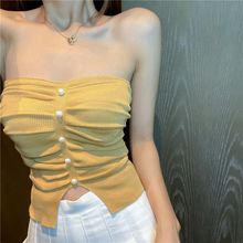 夏季新款性感辣妹主播褶皱针织t恤女装开叉一字肩无袖抹胸式上衣