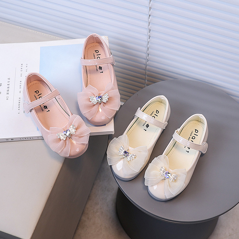 Girls' Rhinestone Ribbon Bow Solid Color Versatile Ladylike Style Children's Shoes Spring and Autumn New Soft-Soled Versatile Princess Shoes