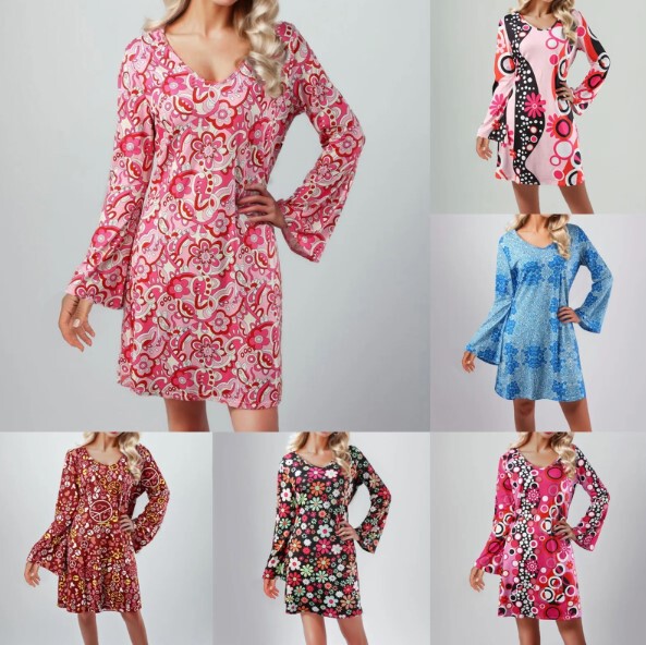 2023 Halloween 70S Hippie Disco Costume Festival Dress Headscarf + Printed Dress Two-Piece Set 2023 Halloween 70S Hippie Disco Costume Festival Dress Headscarf + Printed Dress Two-Piece Set