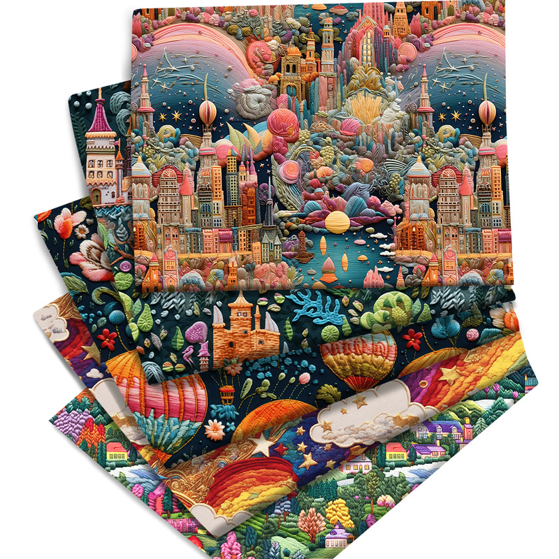 Castle house embroidery printed canvas tarpaulin handmade twine woven interlining fabric, 1Yc43794 Castle house embroidery printed canvas tarpaulin handmade twine woven interlining fabric, 1Yc43794