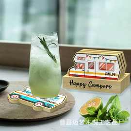 木制创意杯垫四件套小汽车造型饮料垫木制隔热垫桌面饮料杯隔热垫