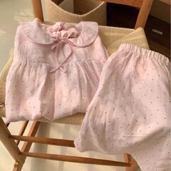 ピンクの水玉模様の女性用パジャマ、インスタイルの夏用半袖ショーツ、かわいいスーツ、美少女は家着として着用できます。