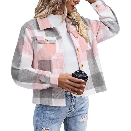 Flannel Women Casual Cropped Jacket Fashion Plaid Button Shirt 2025 Autumn Coat