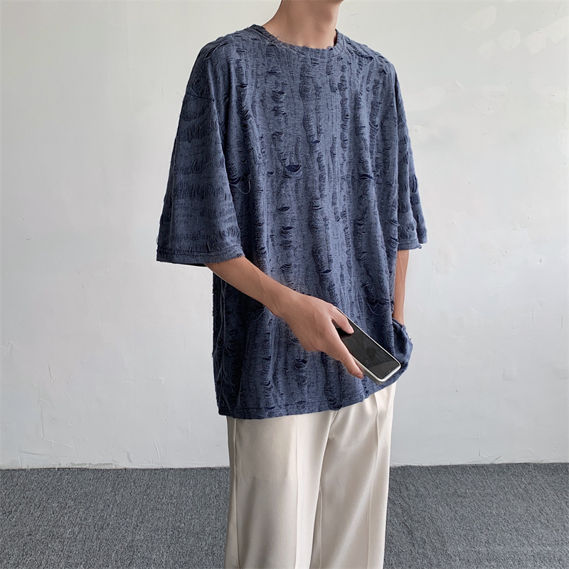 Camiseta de manga corta rasgada superior de verano de los hombres marca de moda coreana ins casual todo partido de seda de hielo cuello redondo Camiseta de media manga