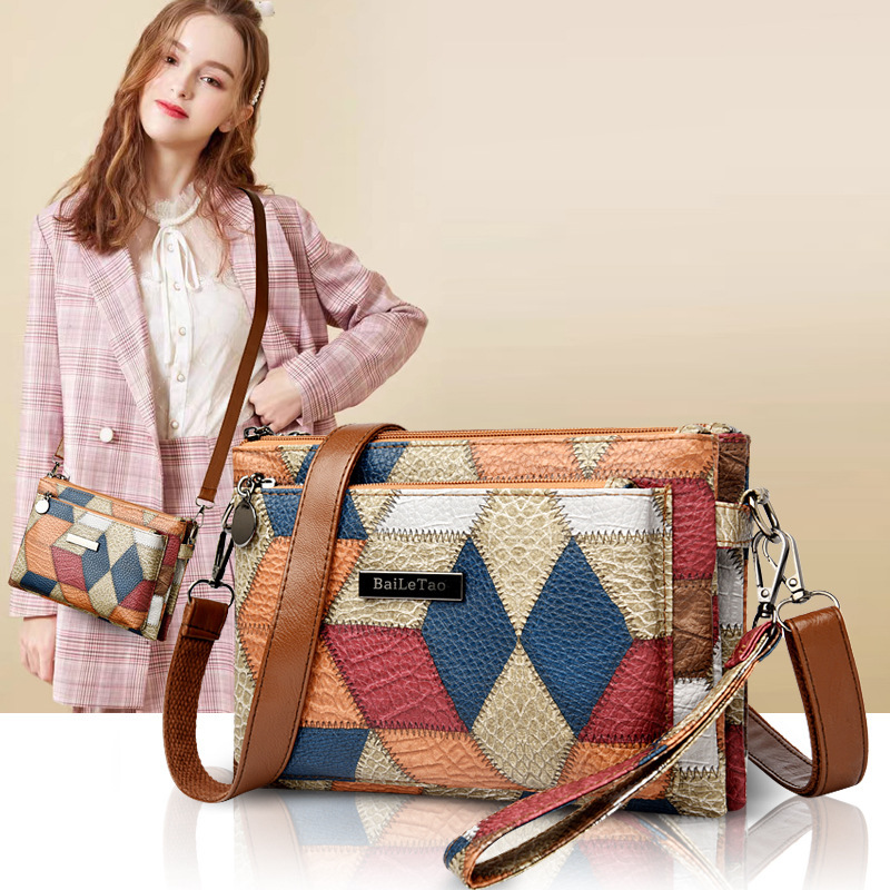 Contrast Color Stitching Trendy Retro Clutch Bag Women's Fashionable Casual Middle-aged Mother Bag All-match Shoulder Crossbody Bag