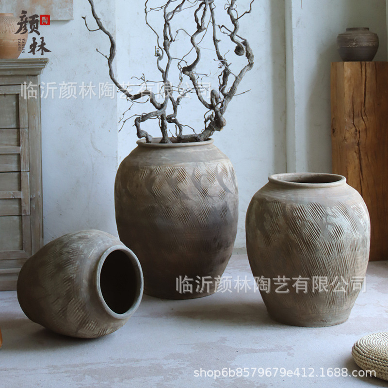 Cerámica de tierra de cerámica gruesa gran vasija de cerámica gran vasija de flores de estómago de viento tranquilo decoración del paisaje residencial de cerámica china vintage
