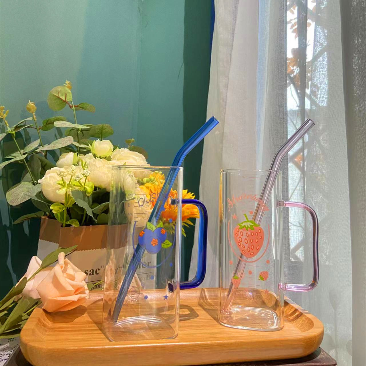 Ins-style simple commuting straw water glass cup high beauty with handle scale cup cover spoon girl heart water 