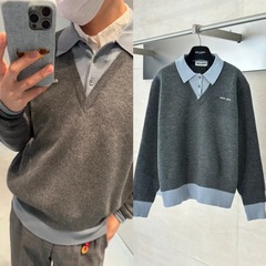 MIU家正确版高版本24FW羊毛混纺假两件毛衣男女百搭毛衫