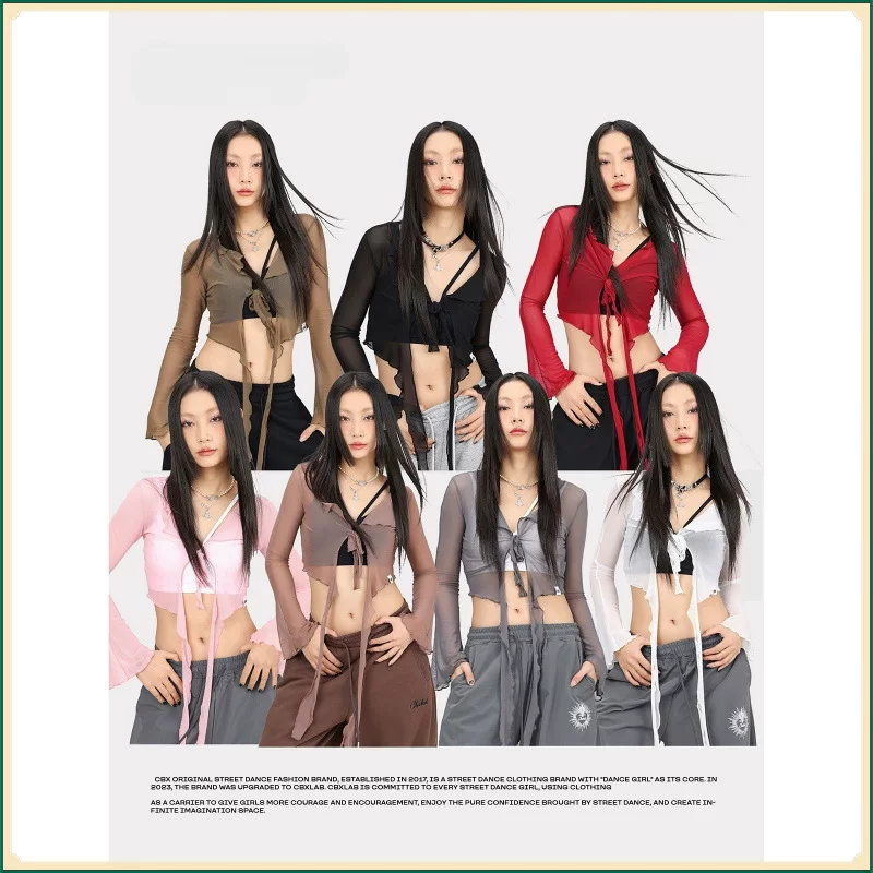 Street dance trendy brand tassel mesh jazz dancing waist with kpop Latin dance multicolor personality waist blouse hip hop dance
