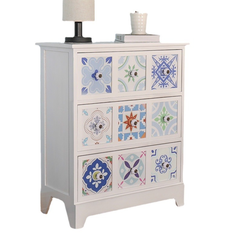 Mesita de noche americana, armario de almacenamiento creativo pastoral retro, armario de almacenamiento de madera, armario de almacenamiento de estilo étnico pintado