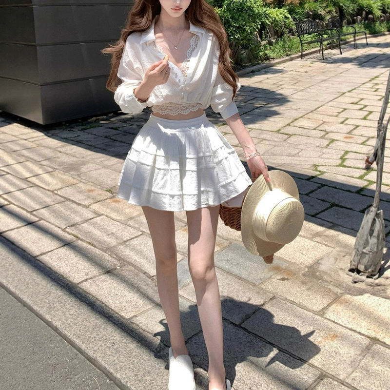 In Stock: Blue Evening Breeze Two-Color Tencel Sunscreen Shirt, Lace Short Skirt Set, Lace Bra, Spring Three-Piece Set