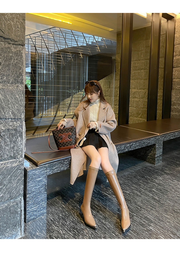 Bốt nữ cổ cao mũi nhọn kim loại co giãn, phong cách kỵ sĩ cao gót thon gọn — Màu kaki lót nhung chi tiết 15