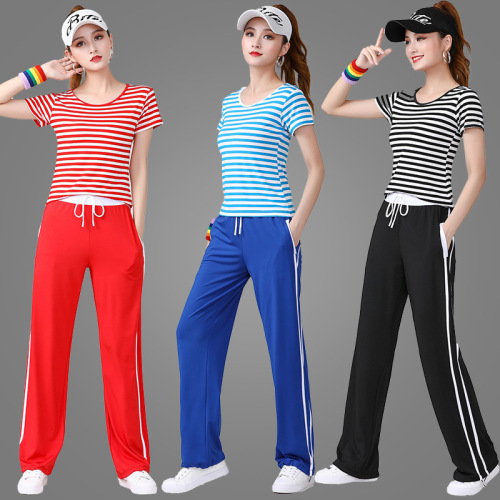 Square dance set striped short-sleeve sports high-elastic dance pants team cheerleading fitness routine performance outfit