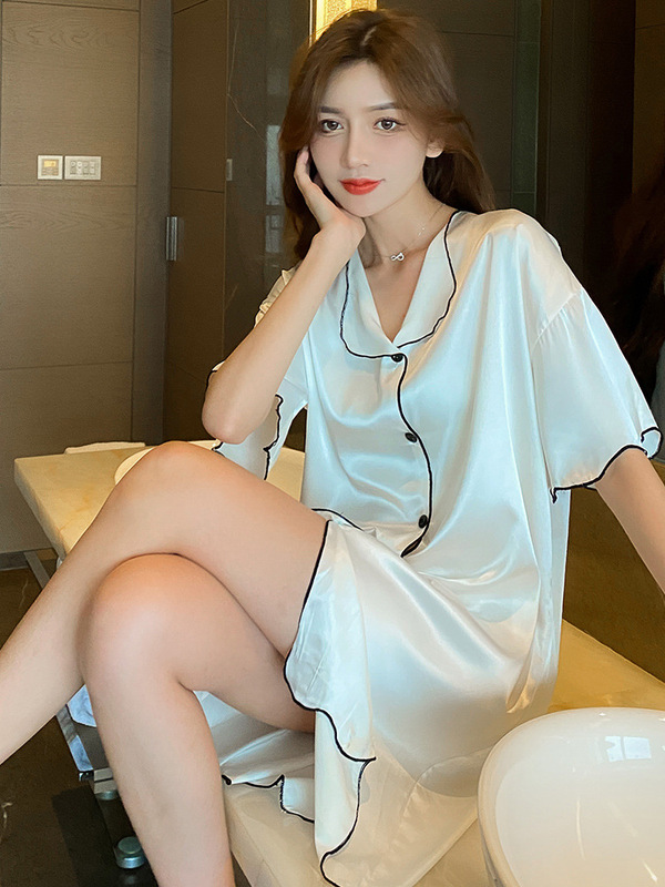 Internet Celebrity Nightgown Women's Summer Thin Ice Silk Short-Sleeved Shirt Women's Pajamas Summer Cool Imitation Silk Home Clothes