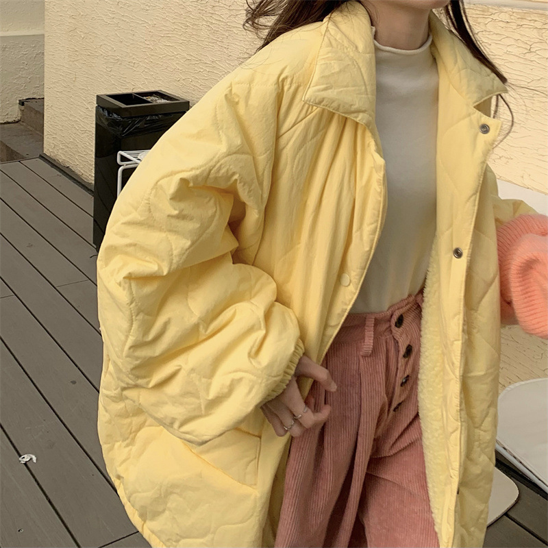 Creamy Yellow Cotton Coat for Women, Loose Plus-Size Women's Autumn and Winter Cardigan 2024 New Thickened Jacket