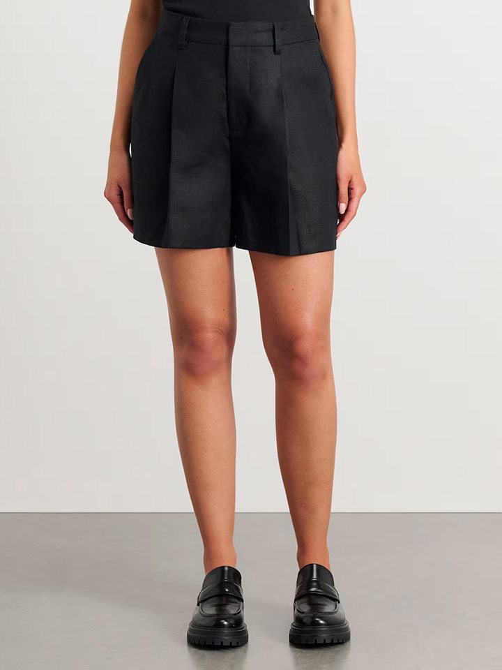 Bộ vest gile và quần short nữ chất liệu lanh cotton, áo khoét vai không tay, kiểu công sở — Màu mơ, Màu nâu đậm, Màu trắng, Màu xanh nước biển chi tiết 40